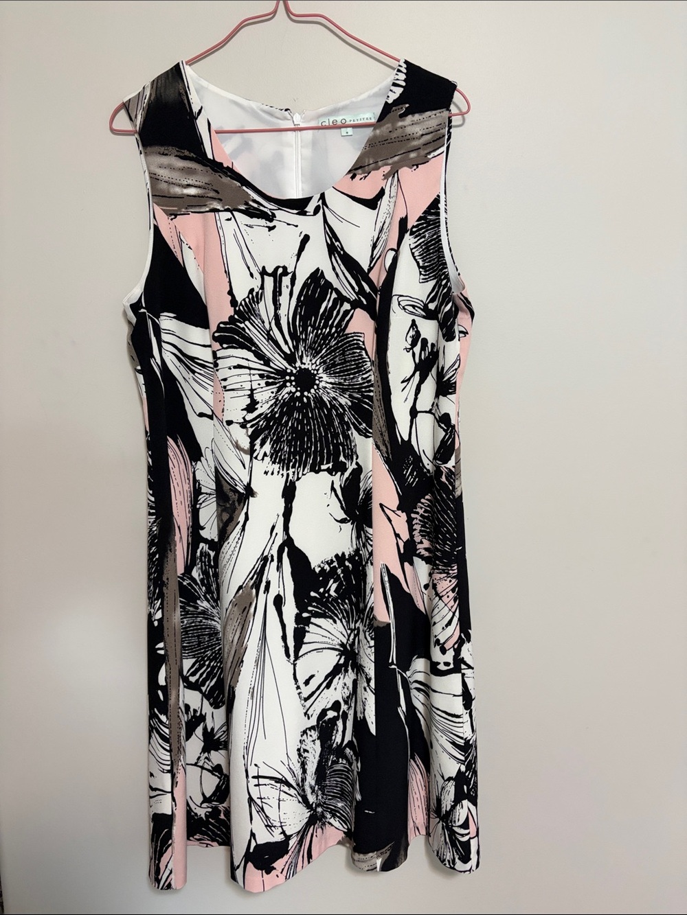 cleo Abstract Floral Sleeveless Dress in Pink, Black & White